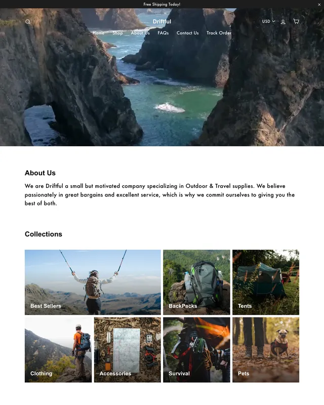 Driftful, an online outdoor and travel store: a video hero, about section and photo collection tiles