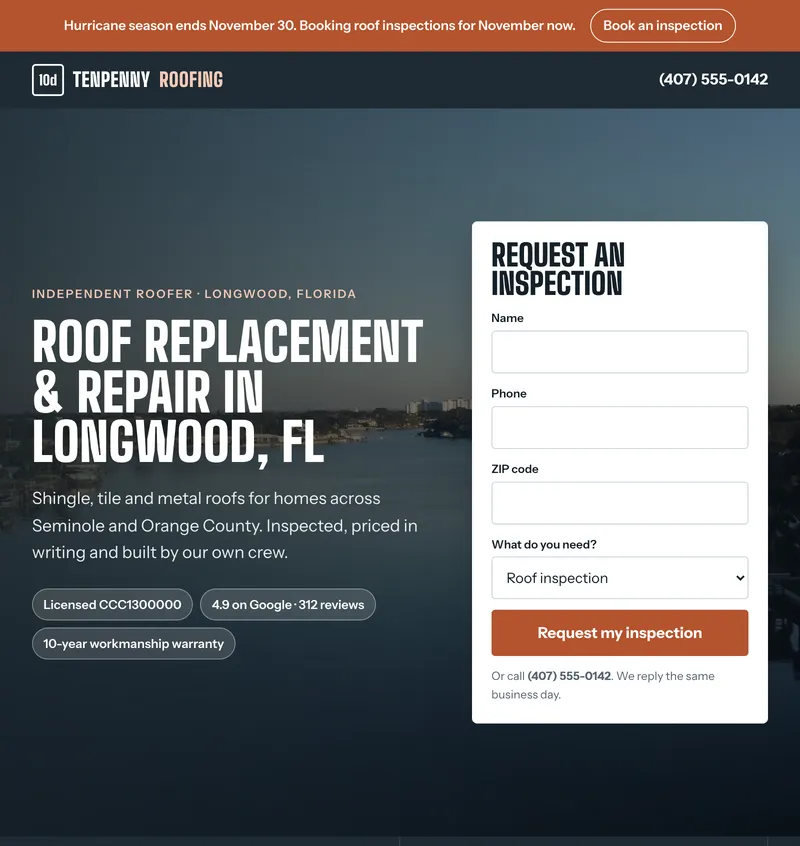 The Tenpenny Roofing homepage