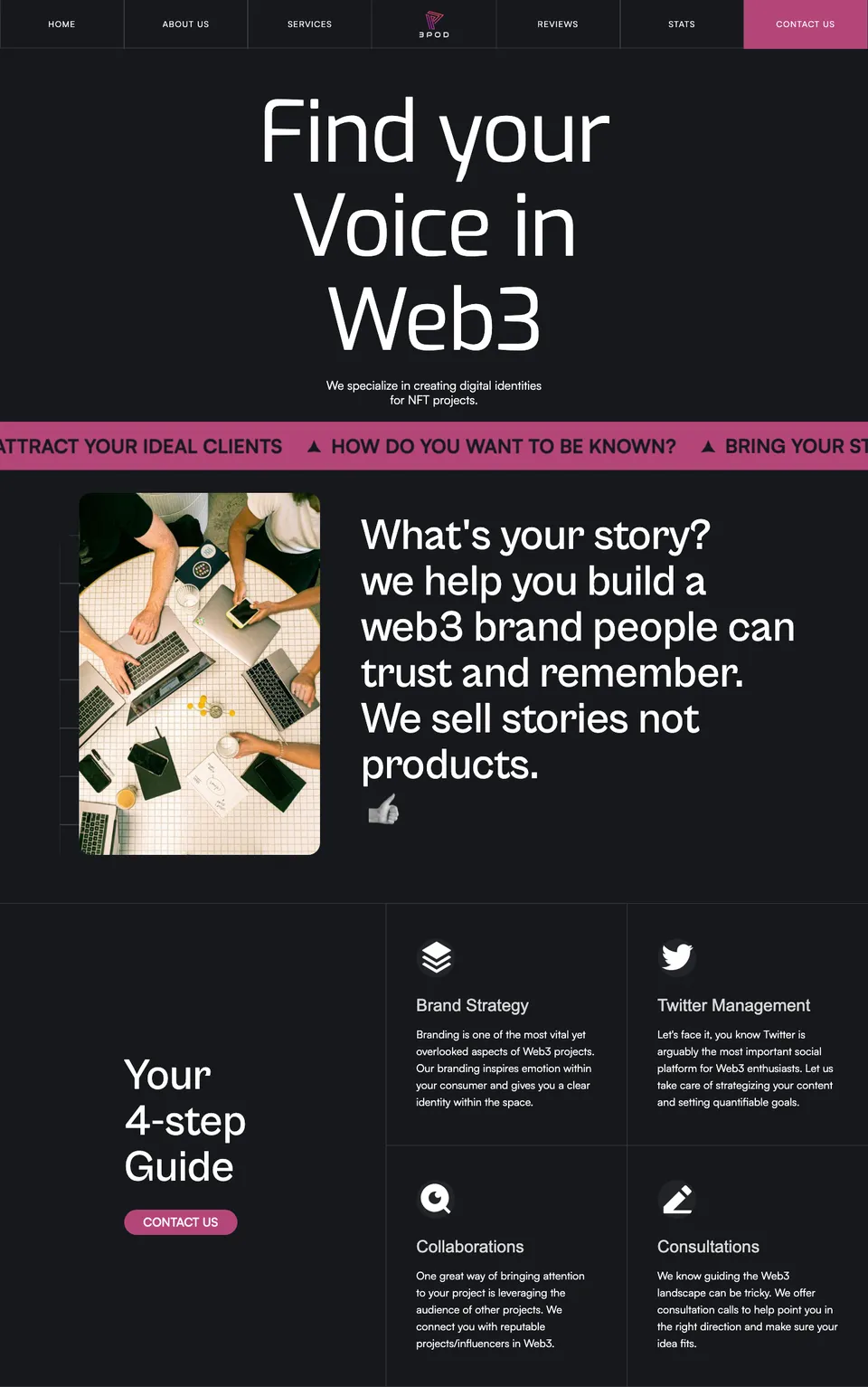 The 3Pod homepage on desktop: a dark page with a huge 'Find your Voice in Web3' headline, a pink ticker of brand promises, a story section beside a photo, and a four-step services grid