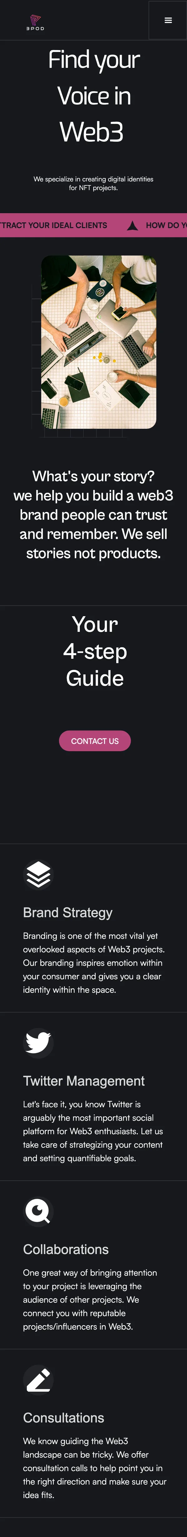 The 3Pod homepage on a phone: the headline, the pink ticker, the story section and the services stacked one by one