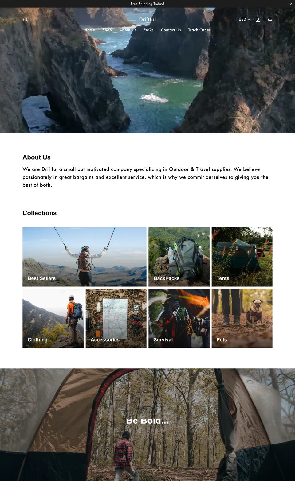 The Driftful homepage in 2019: a full-width coastal video hero above an about section and photo collection tiles