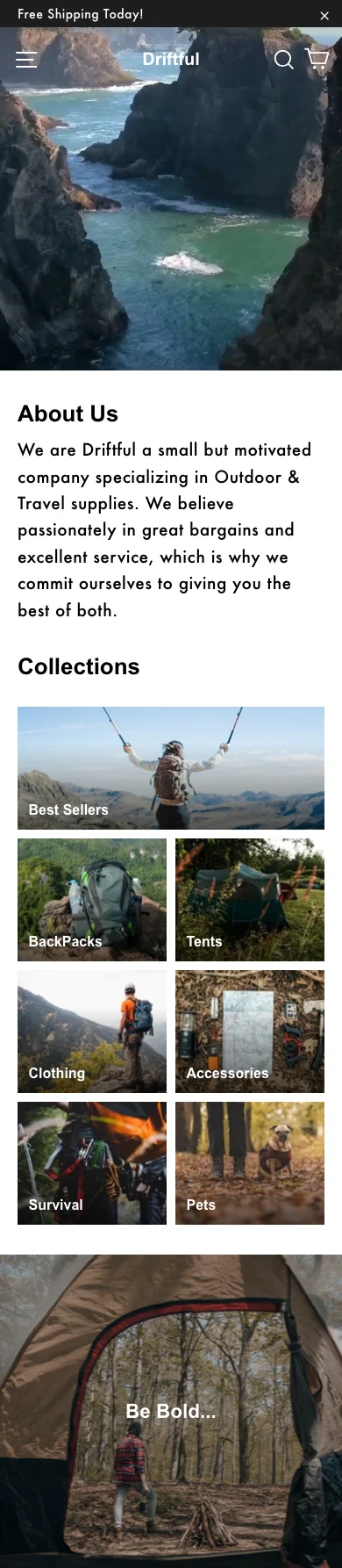 The Driftful homepage on a phone: the coastal hero, About Us, collection tiles two by two and the 'Be Bold' band