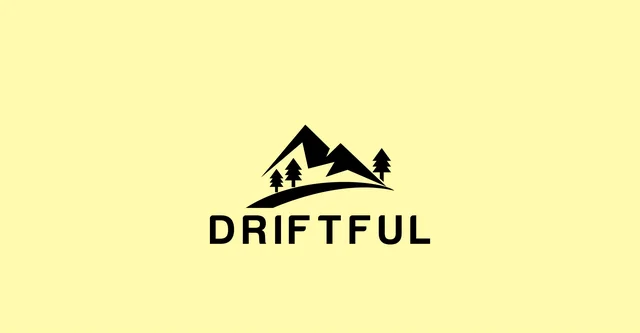 Driftful logo direction B: a single black peak and pines above the wordmark on pale yellow